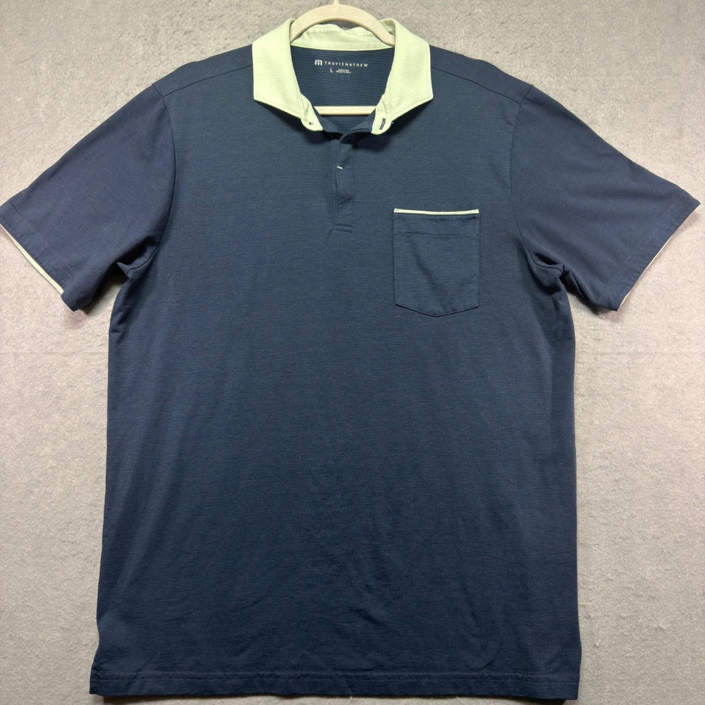 TravisMathew Mens L Navy Blue Short Sleeve Golf Polo Shirt Contrast Green Trim